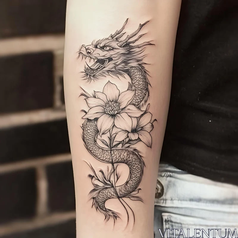 Intricate Dragon and Floral Tattoo on Forearm AI Image