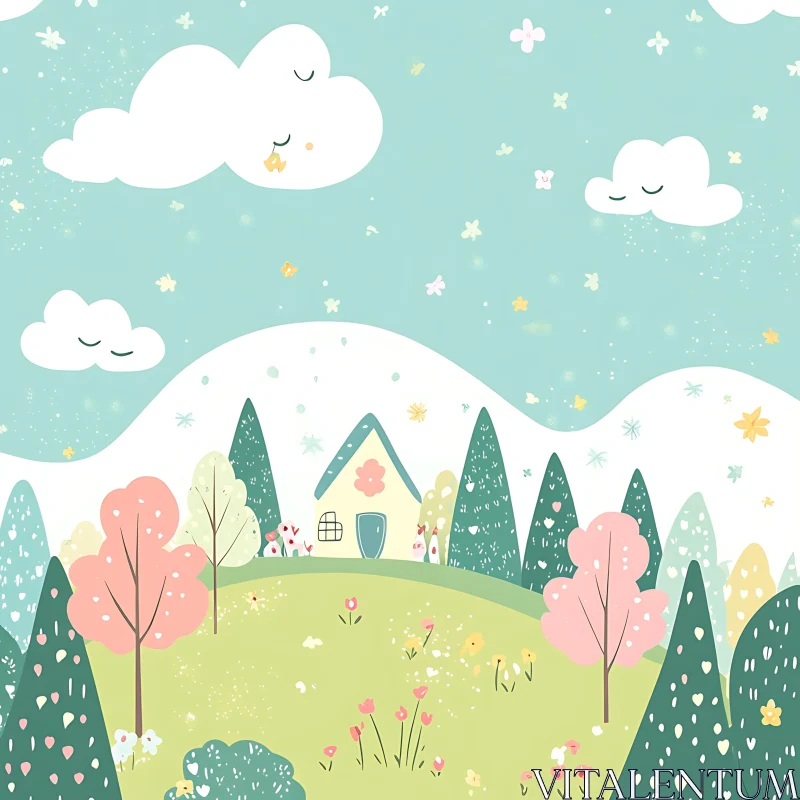 AI ART Whimsical Cartoon Meadow with Cute House