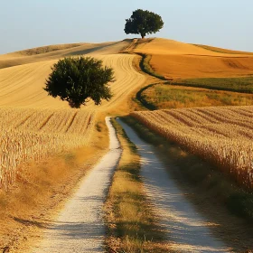 Country Road Through Golden Wheat Fields