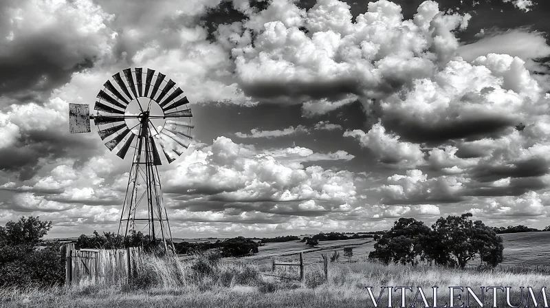 AI ART Black and White Windmill Landscape