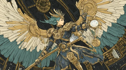 Celestial Warrior with Mechanical Wings