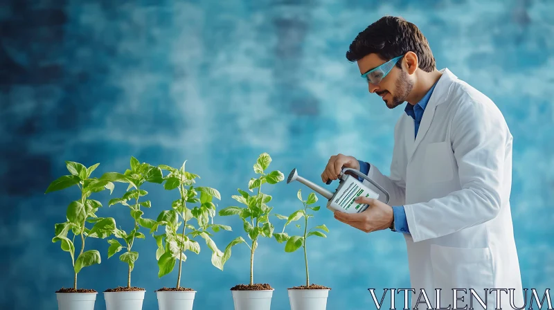 Man Watering Plants in Scientific Experiment AI Image