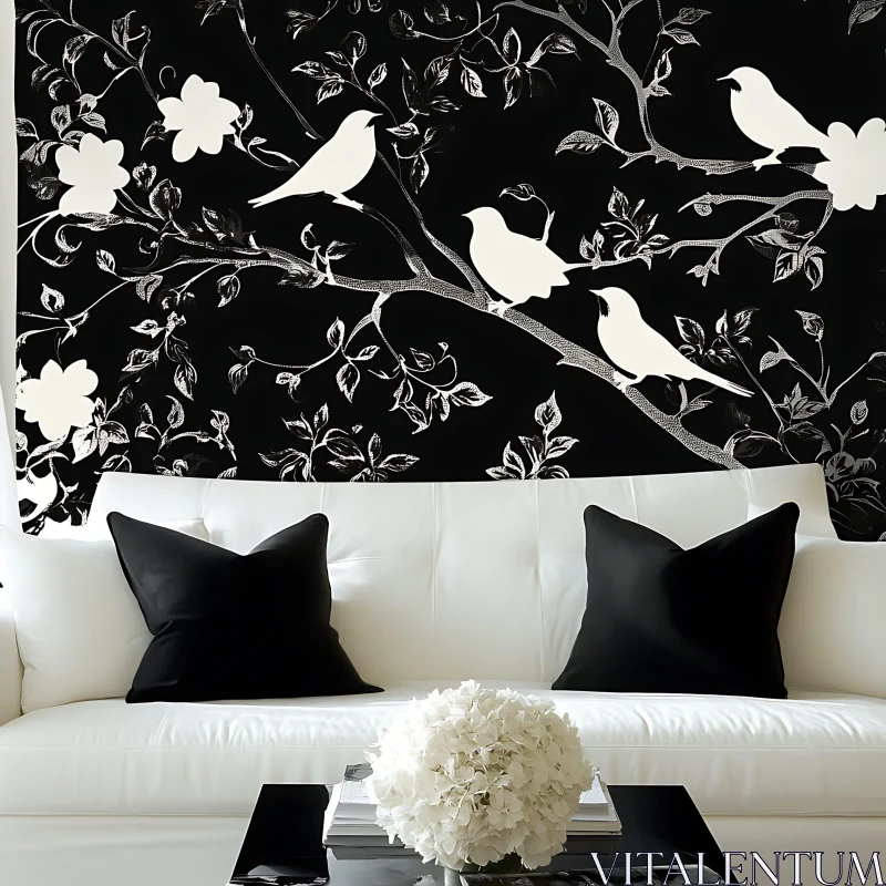 AI ART Birds and Blossoms: A Monochrome Interior