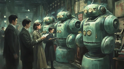 Vintage Robots Meeting with Humans