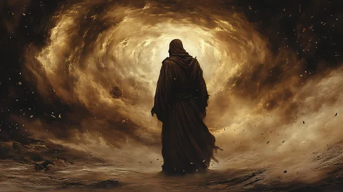 Cloaked Figure in Apocalyptic Landscape