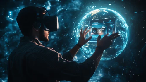 Man in VR Headset Interacting with Digital Globe