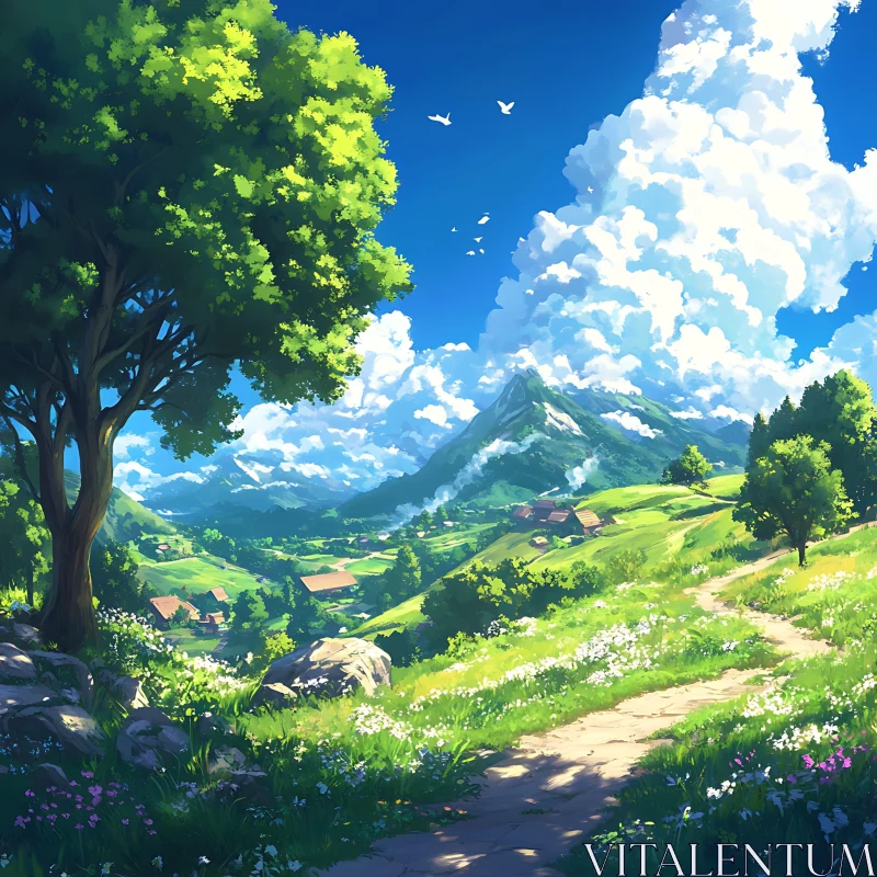 AI ART Green Hills and Blue Sky Mountain View