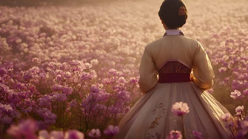 Woman in Hanbok among Pink Flowers