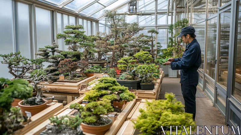 Indoor Bonsai Garden with Gardener AI Image