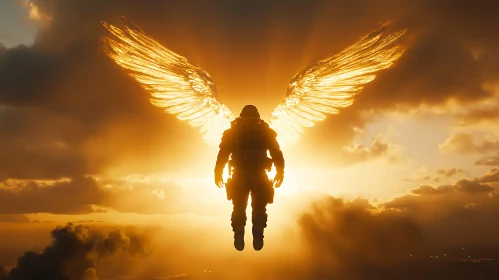 Golden Sky Angelic Warrior Silhouette