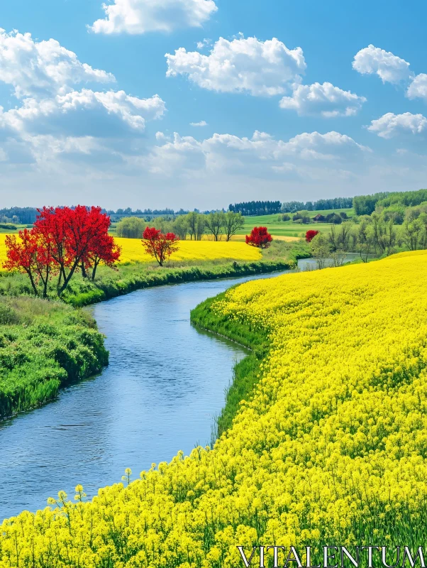 Vibrant Field with River and Red Trees AI Image