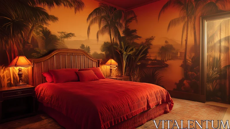 AI ART Red Bedroom with Tropical Palm Tree View