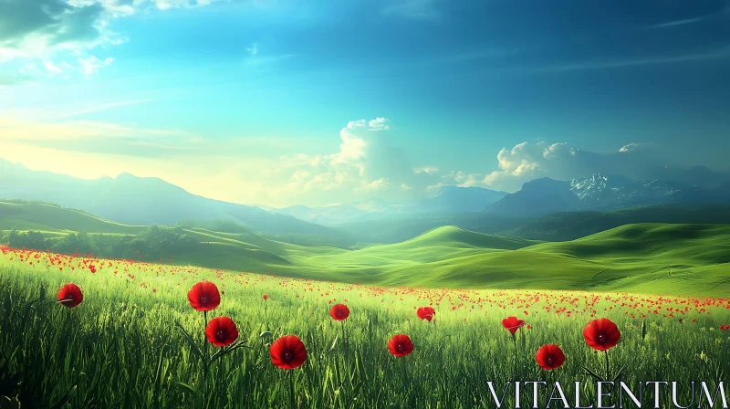 AI ART Scenic Green Hills and Poppies