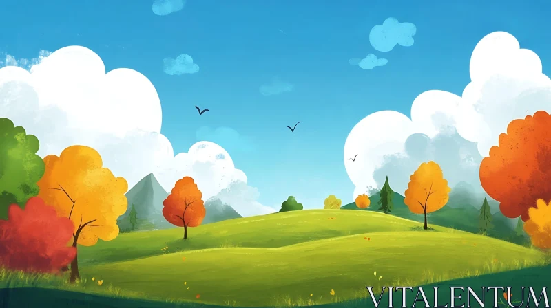 Serene Cartoon Landscape with Hills and Clouds AI Image