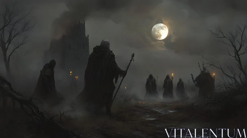 AI ART Mystic Monks Walking to the Dark Tower