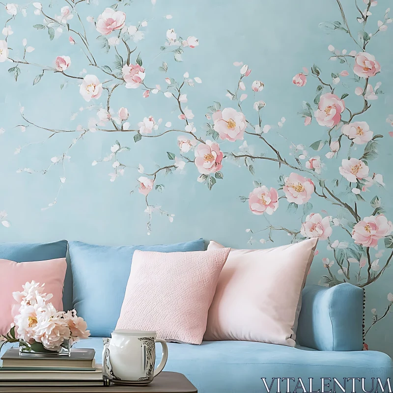 Blossom Wall Art with Sofa AI Image