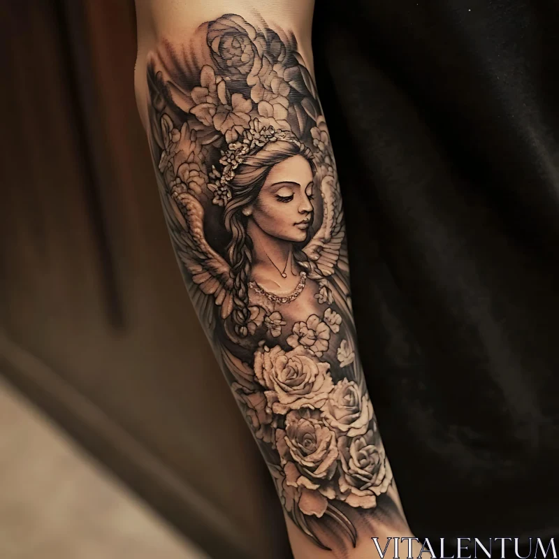 Intricately Detailed Angelic Tattoo Sleeve AI Image