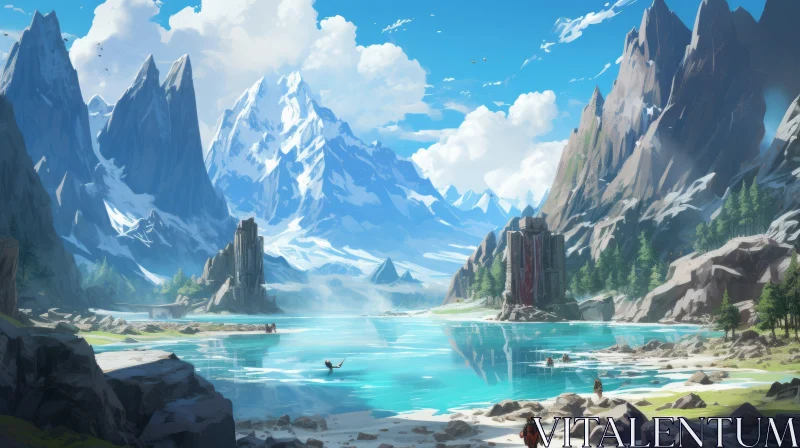 Fantasy Landscape Illustration of Mountains and Lake AI Image