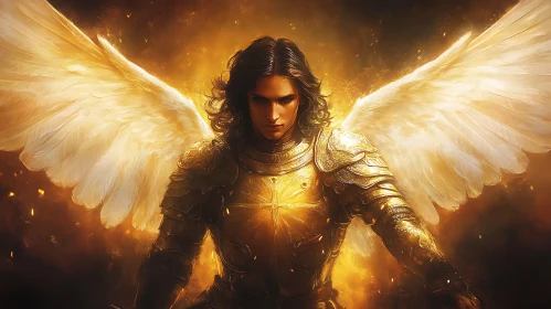 Winged Warrior Angel in Golden Armor