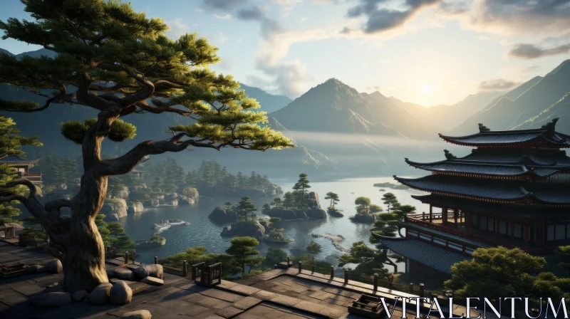 Japanese-Inspired Temple Overlook - A Blend of Tradition and Technology AI Image