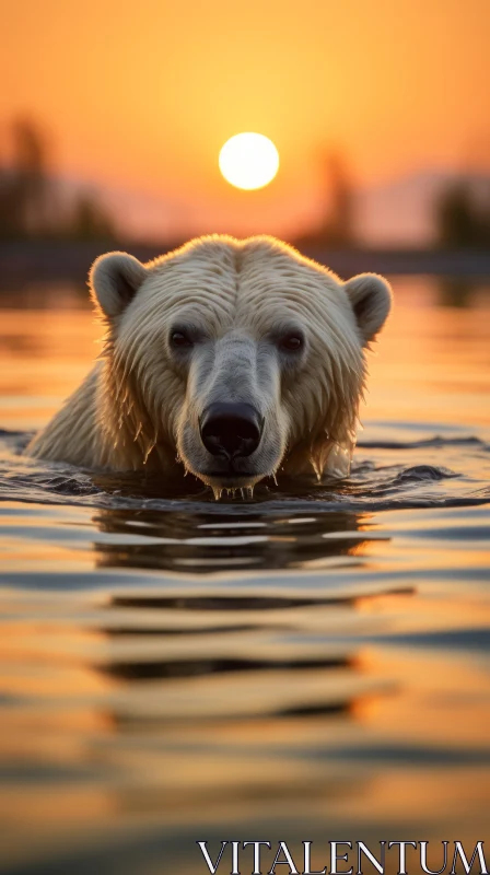 Majestic Polar Bear Swimming at Sunset | Captivating Intense Gaze AI Image