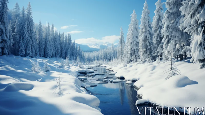 Snowy Winter Forest and River Tranquility Wallpaper AI Image