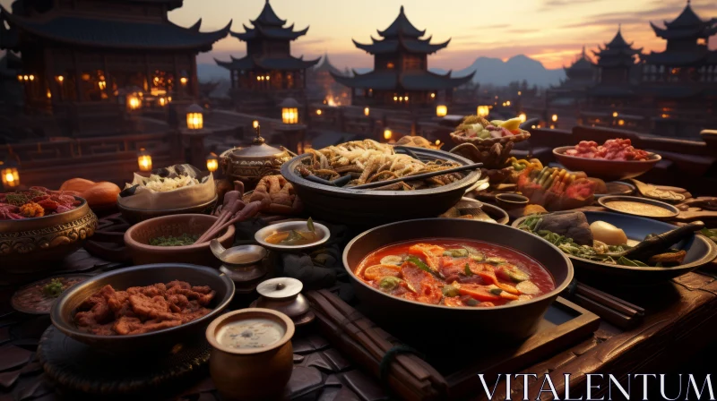 Sunset Dining in Asian Restaurant - A Historical Perspective AI Image