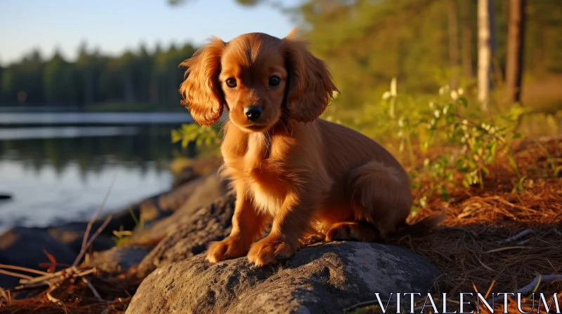 Timeless Elegance: Brown Puppy by a Lake AI Image