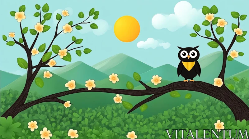 Illustrated Owl on a Flowering Branch AI Image