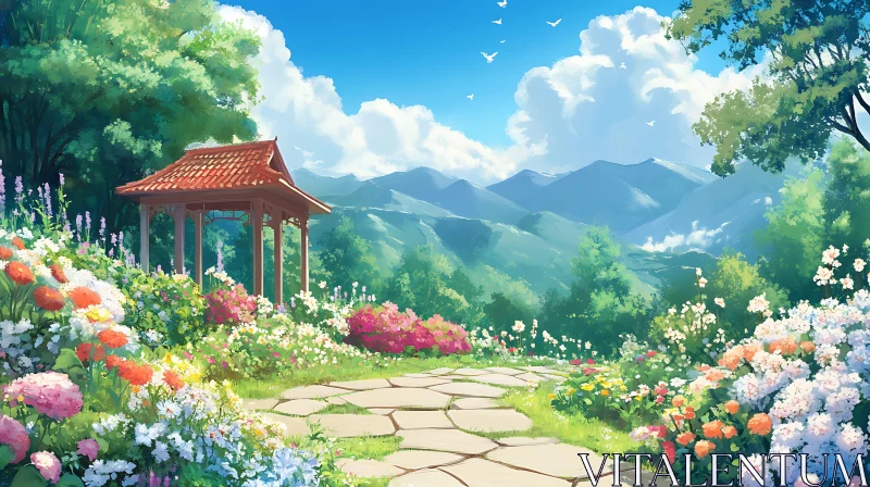 Tranquil Garden Landscape with Gazebo AI Image