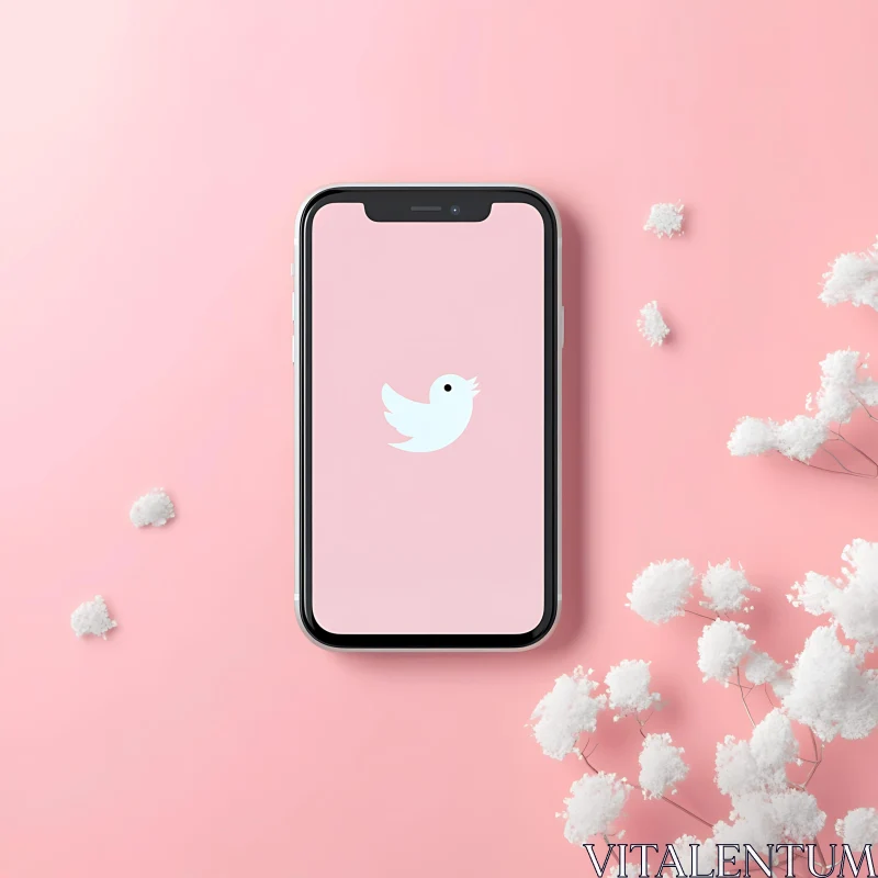 Smartphone with Bird Logo and Flowers AI Image