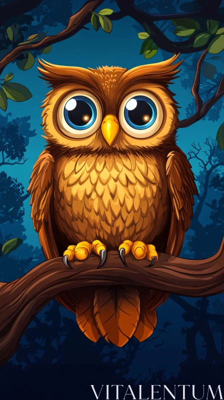 Whimsical Owl on Branch at Night AI Image