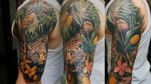 Detailed Leopard and Jungle Themed Sleeve Tattoo