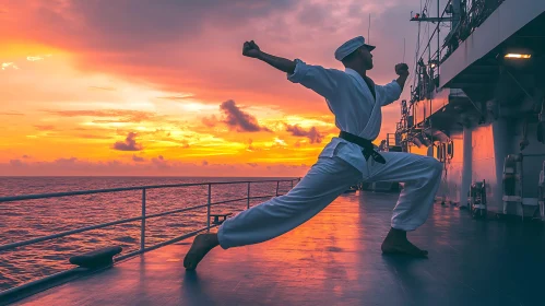 Man Practicing Karate on Ship