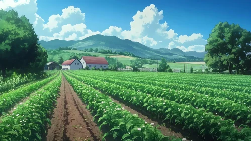 Green Field Landscape with Distant Mountains