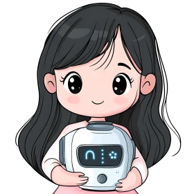 Cartoon Girl Holding Robot Friend