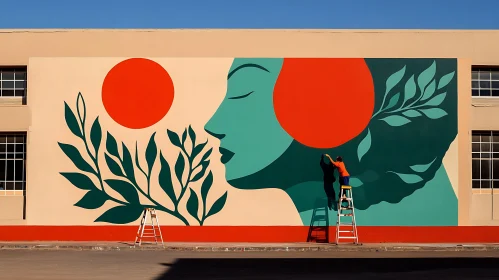 Building Mural with Woman and Foliage