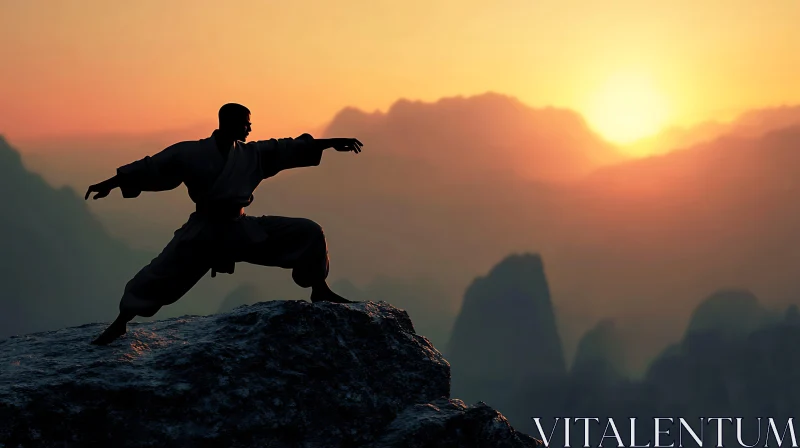 AI ART Sunset Martial Arts Mountain Silhouette