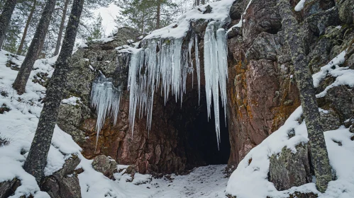 Long Icicles Hanging From Snowy Cave