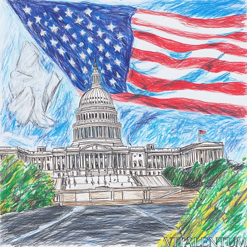 Patriotic Crayon Art of US Capitol and Flag AI Image