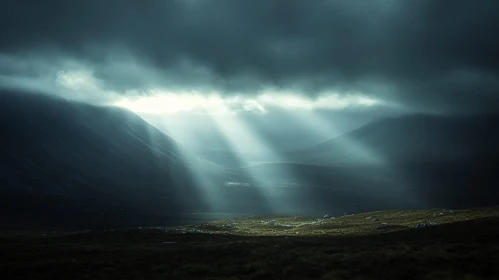 Sun Rays Piercing Through Dark Clouds in Scenic Valley