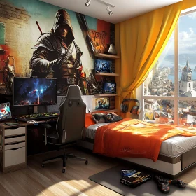 Modern Gaming Bedroom with Assassin Mural