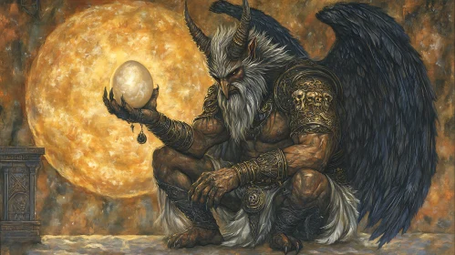 Winged Demon Contemplating Orb Artwork