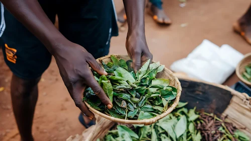 Basket of Fresh Green Leaves Being Handled