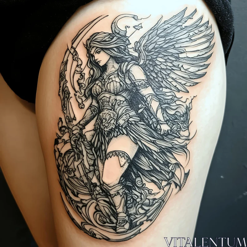 Intricate Female Warrior Tattoo with Wings and Sword AI Image