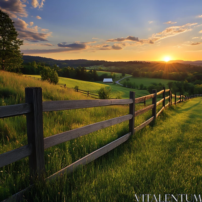 Golden Sunset Over Green Field AI Image