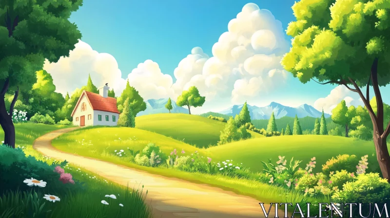 Charming Cottage in a Sunny Meadow AI Image