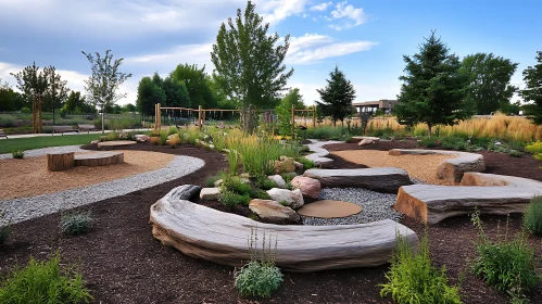 Green Park Landscape with Wooden Seating