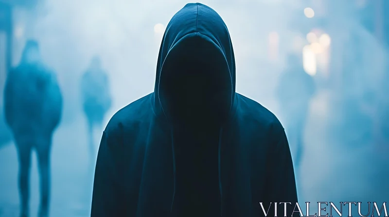 Shadowy Figure in Ethereal Blue Haze AI Image