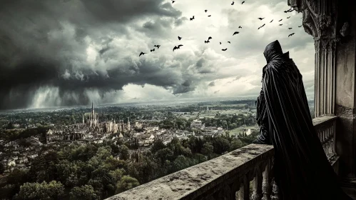 Gothic Cityscape with Cloaked Watcher